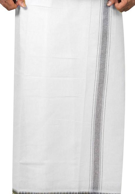 White Cotton Selection Of 2 Cotton Thalapathi Border Dhotis For Men