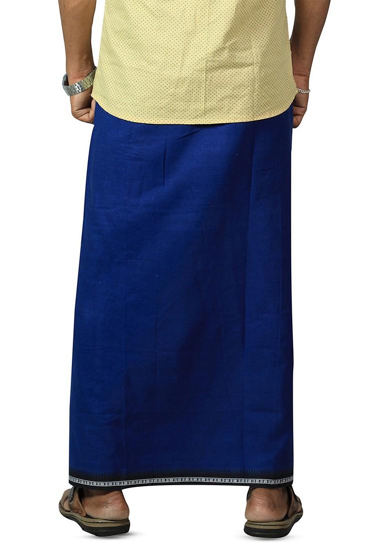 Blue Cotton Pack Of 2 Kerala Style Thalapathi Border Pure Cotton Dhotis For Men - Indya