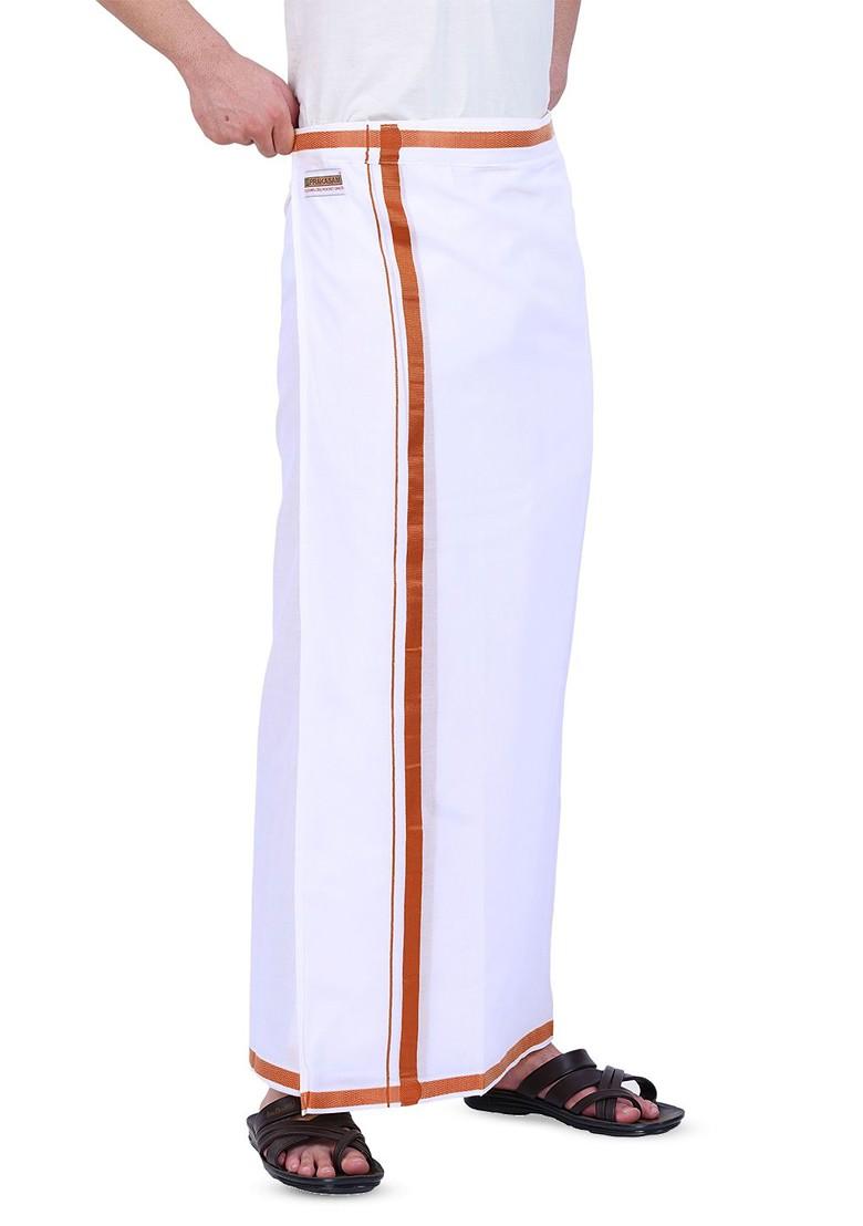 White Cotton Kerala Style Thalapathi Border Poly Cotton Dhoti For Men