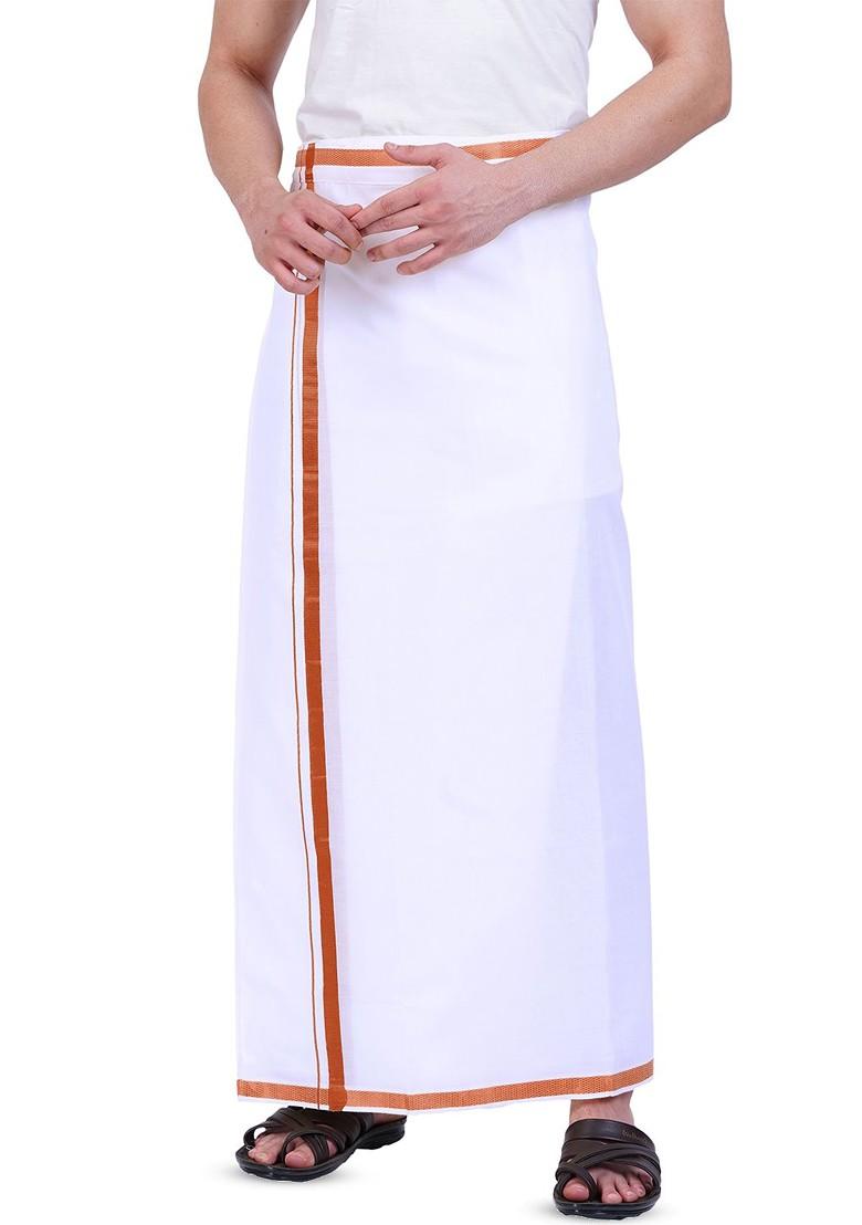 White Cotton Kerala Style Thalapathi Border Poly Cotton Dhoti For Men