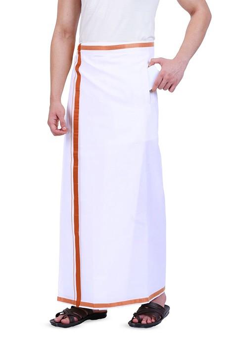 White Cotton Kerala Style Thalapathi Border Poly Cotton Dhoti For Men