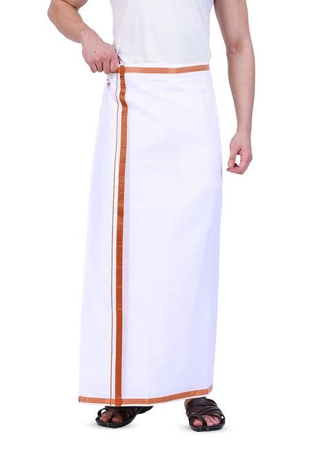 White Cotton Kerala Style Thalapathi Border Poly Cotton Dhoti For Men