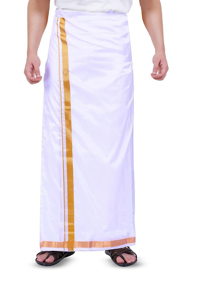 White Cotton Zari Border Dhoti For Men - Indya