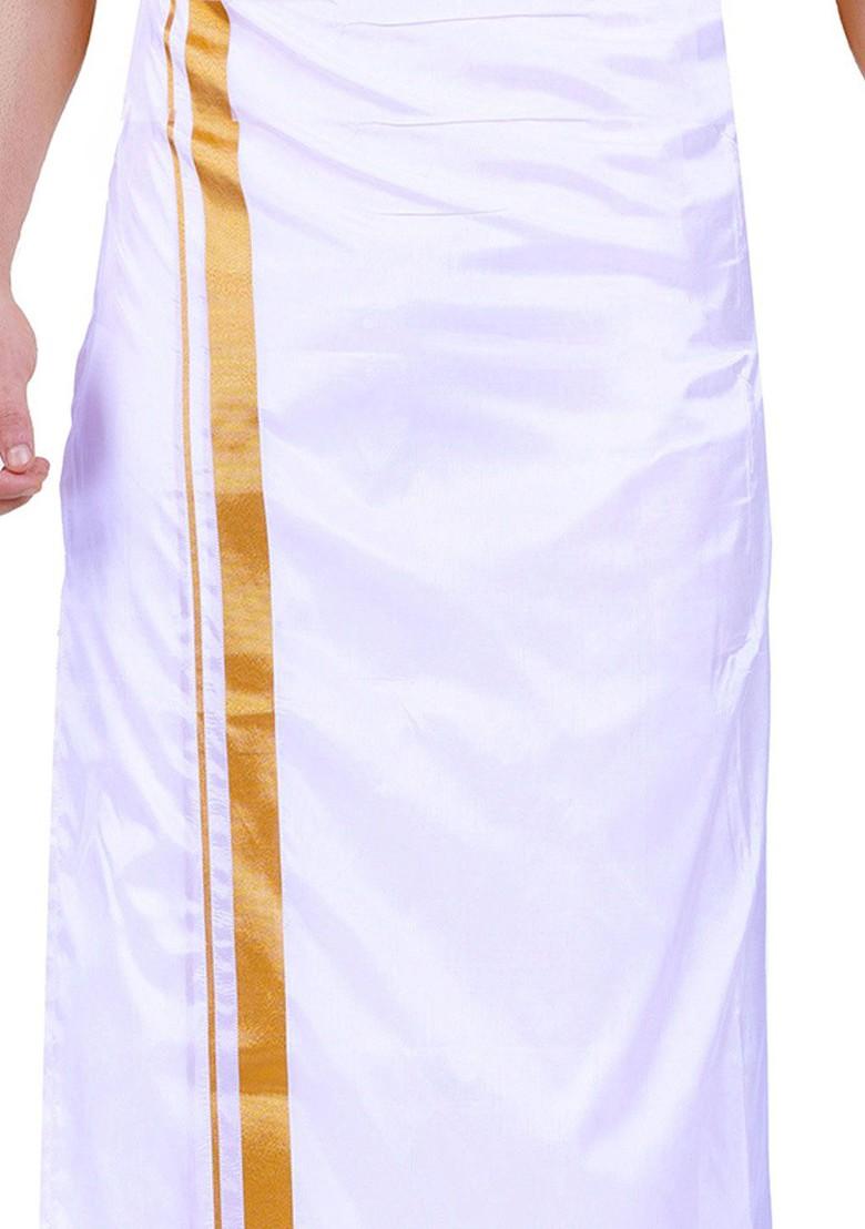 White Cotton Zari Border Dhoti For Men - Indya