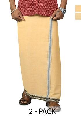 Beige Cotton Selection Of 2 Pure Cotton Dhotis For Men