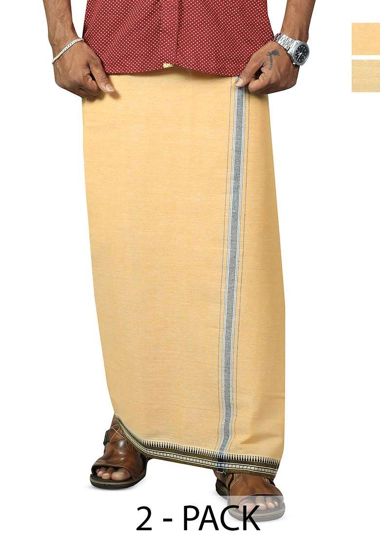 Beige Cotton Selection Of 2 Pure Cotton Dhotis For Men - Indya