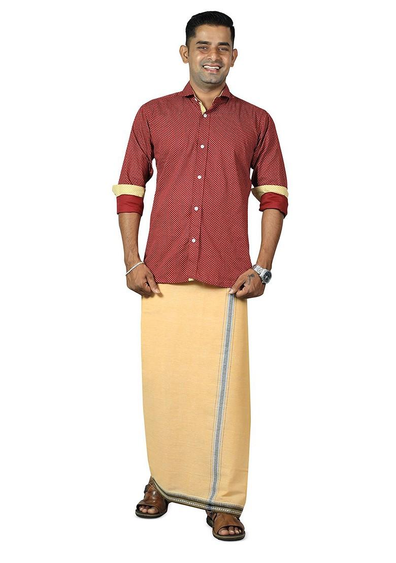 Beige Cotton Selection Of 2 Pure Cotton Dhotis For Men - Indya