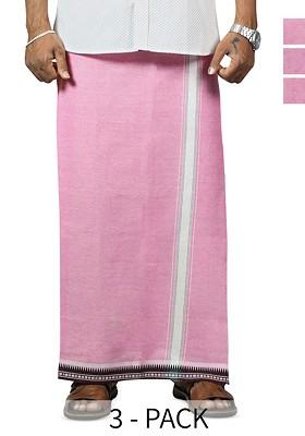 Pink Cotton Selection Of 3 Pure Cotton Dhotis For Men