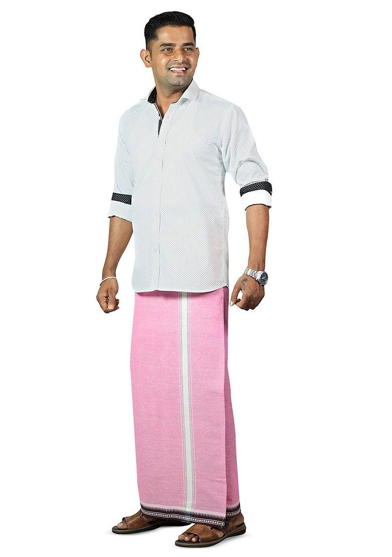 Pink Cotton Selection Of 3 Pure Cotton Dhotis For Men - Indya