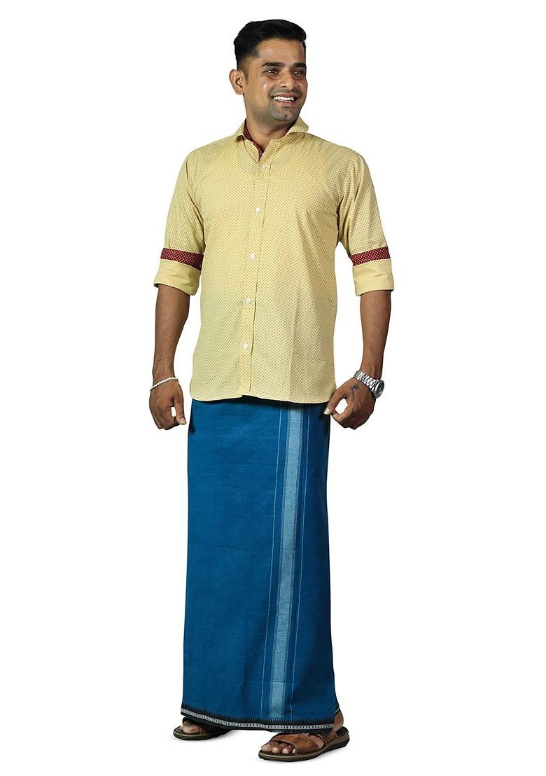 Blue Cotton Selection Of 5 Cotton Dhotis For Men - Indya