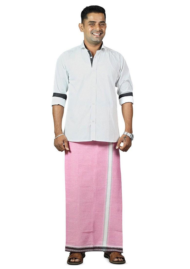 Pink Cotton Selection Of 2 Thalapathi Pure Cotton Dhotis For Men - Indya