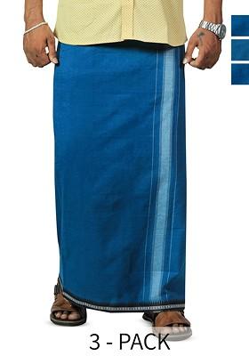Blue Cotton Selection Of 3 Solid Cotton Dhotis For Men