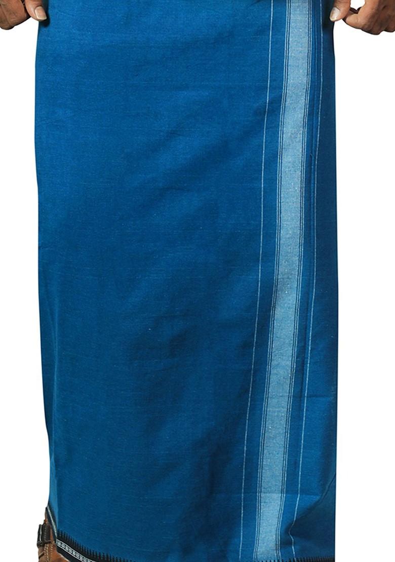 Blue Cotton Selection Of 3 Solid Cotton Dhotis For Men - Indya