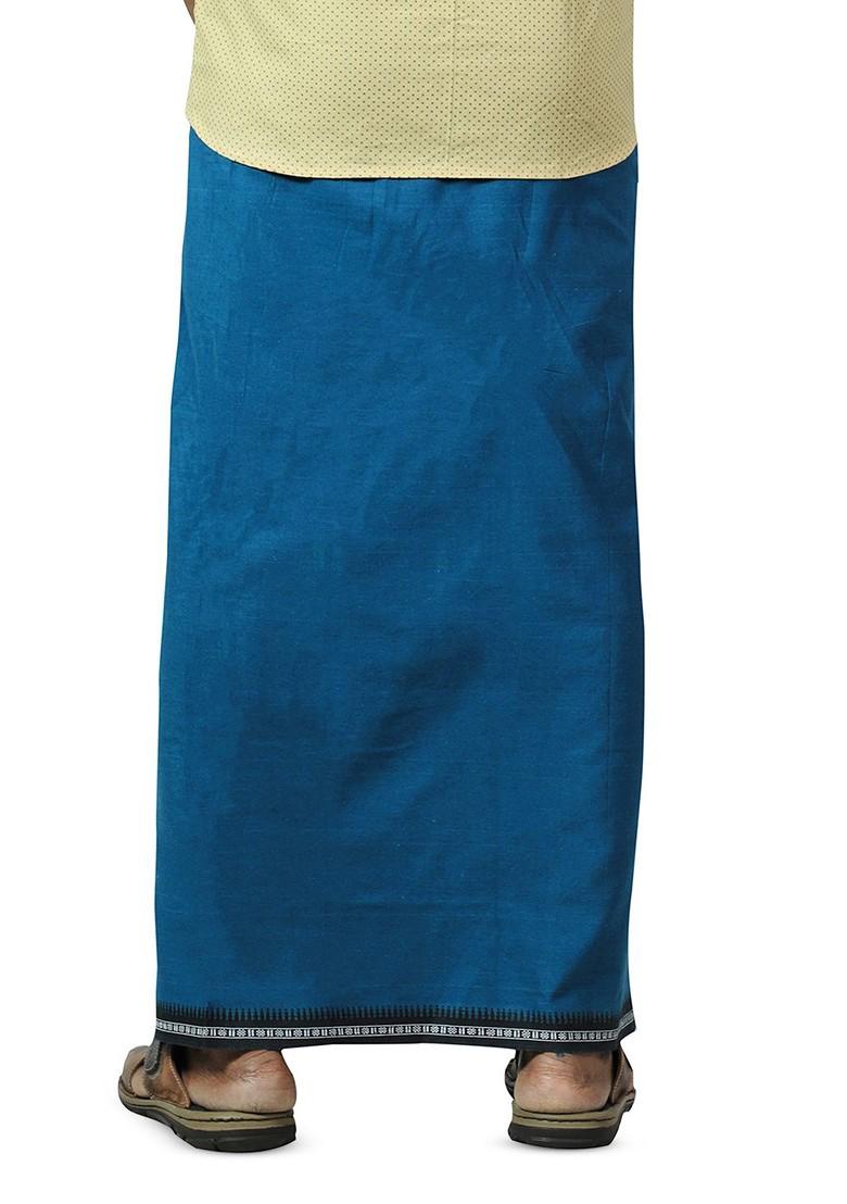 Blue Cotton Selection Of 3 Solid Cotton Dhotis For Men - Indya