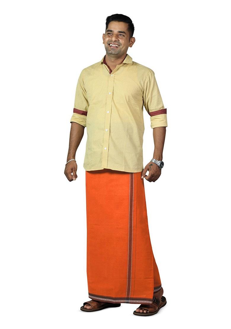 Orange Cotton Selection Of 5 Pure Cotton Dhotis For Men - Indya