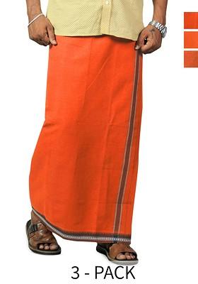 Orange Cotton Selection Of 3 Cotton Thalapathi Border Dhotis For Men