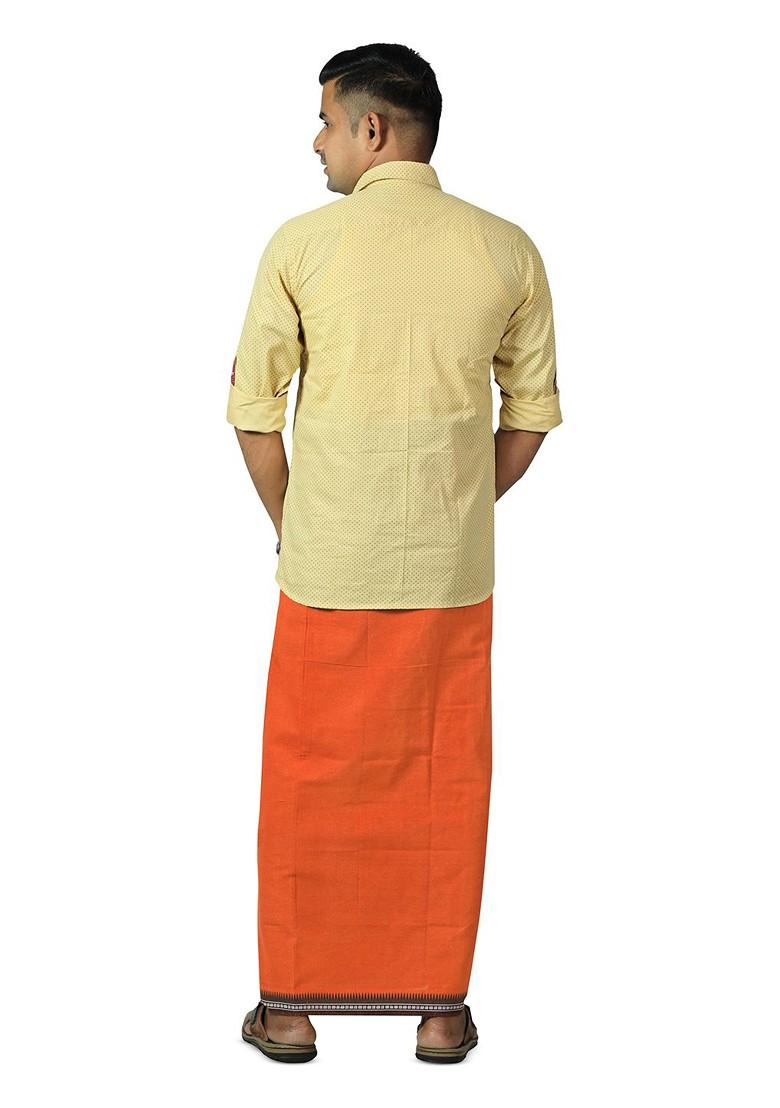 Orange Cotton Selection Of 3 Cotton Thalapathi Border Dhotis For Men - Indya