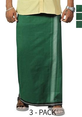 Olive Cotton Pack Of 3 Cotton Thalapathi Border Dhoti For Men
