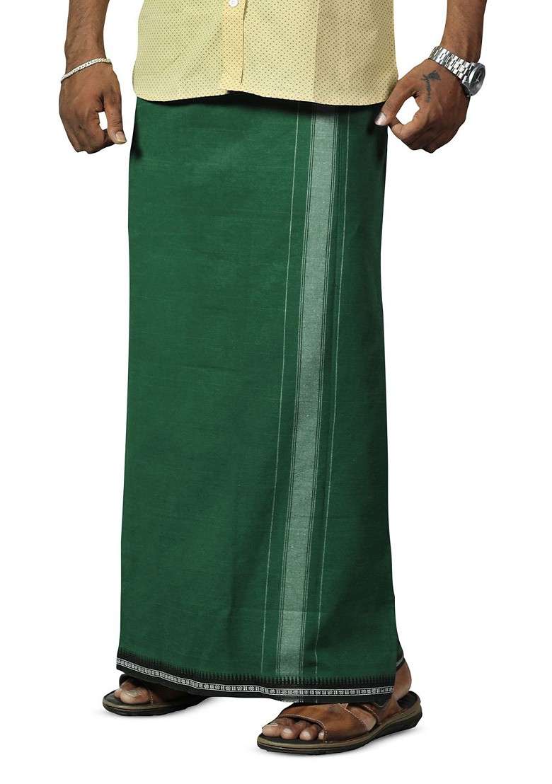 Olive Cotton Pack Of 3 Cotton Thalapathi Border Dhoti For Men - Indya