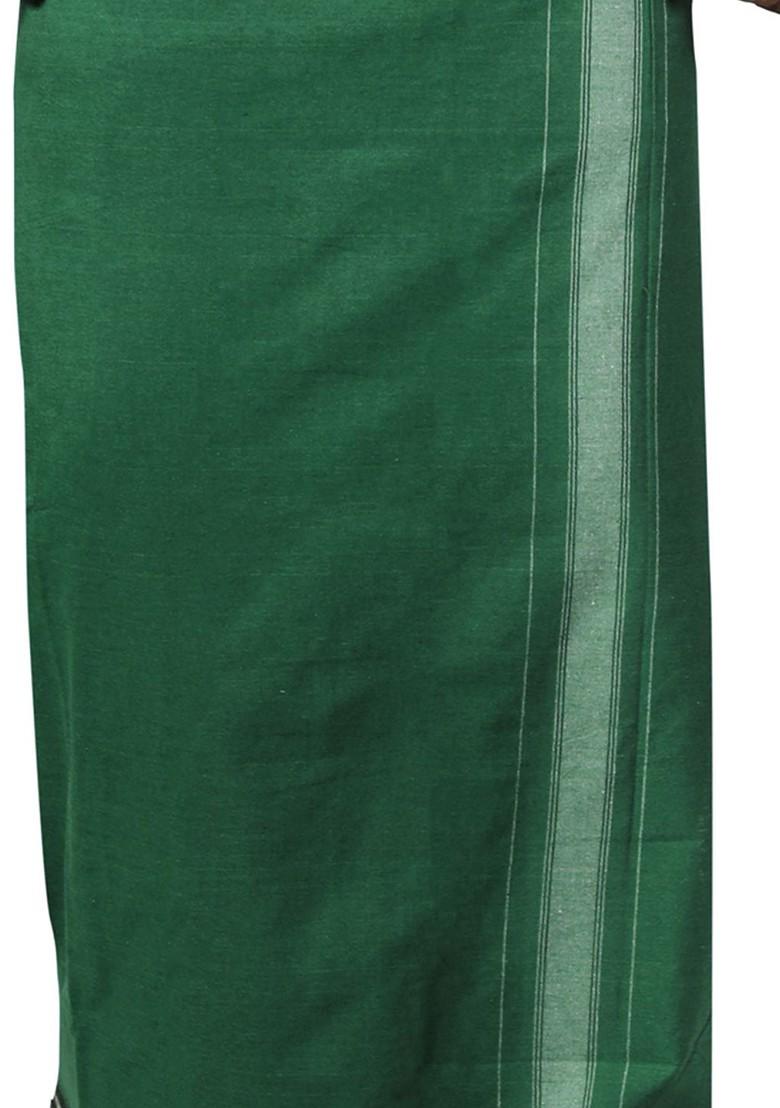 Olive Cotton Pack Of 3 Cotton Thalapathi Border Dhoti For Men - Indya