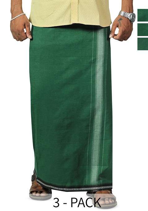 Olive Cotton Pack Of 3 Cotton Thalapathi Border Dhoti For Men