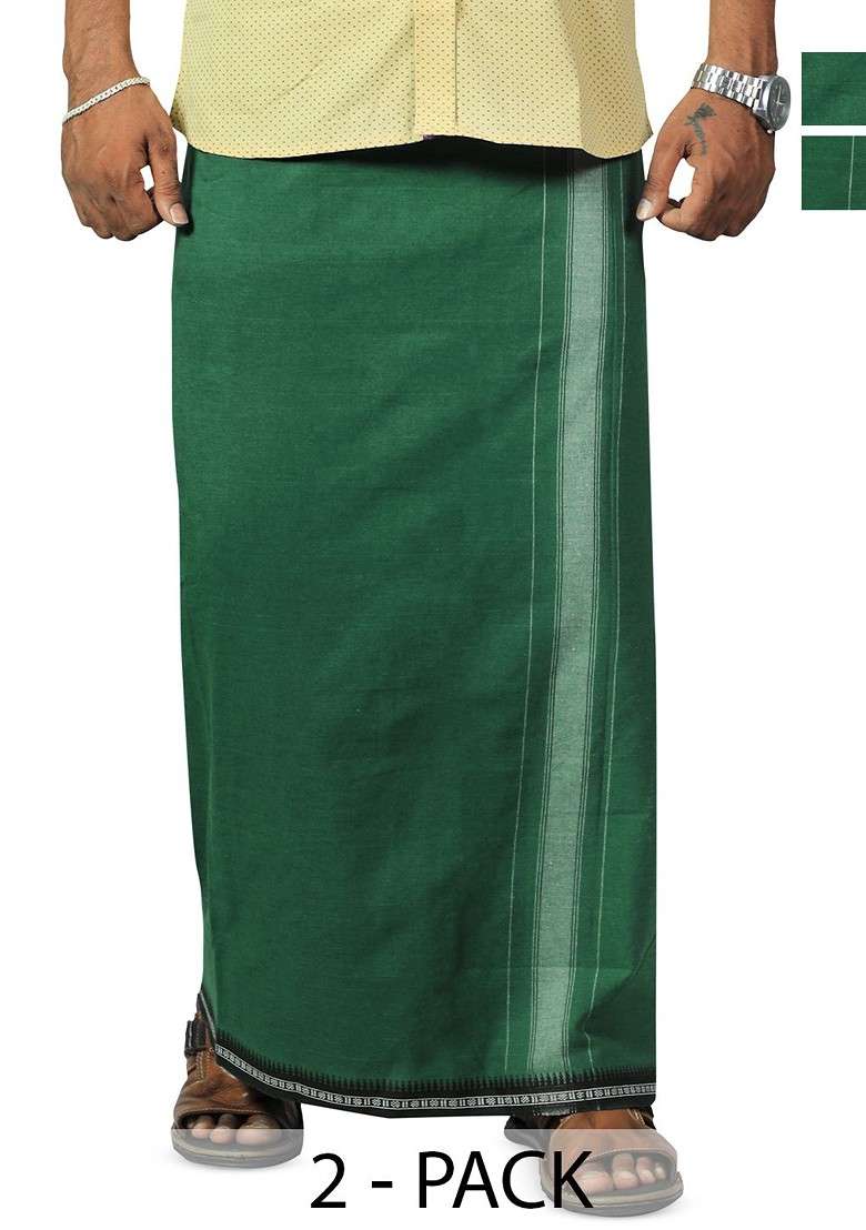 Olive Cotton Pack Of 2 Kerala Style Thalapathi Border Pure Cotton Dhotis For Men - Indya
