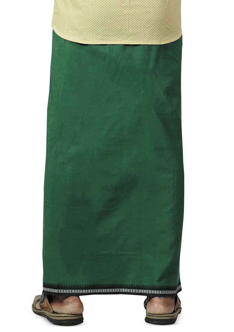 Olive Cotton Pack Of 2 Kerala Style Thalapathi Border Pure Cotton Dhotis For Men - Indya