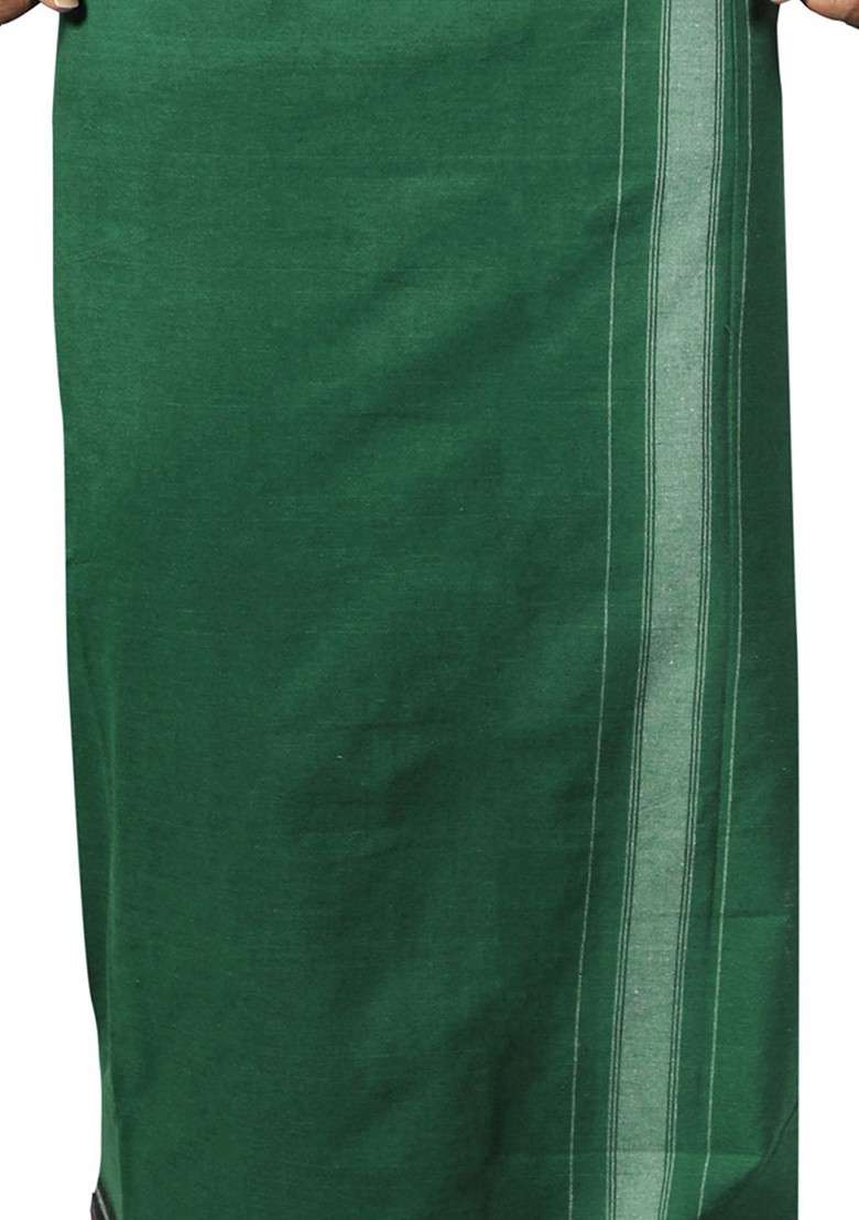 Olive Cotton Pack Of 2 Kerala Style Thalapathi Border Pure Cotton Dhotis For Men - Indya