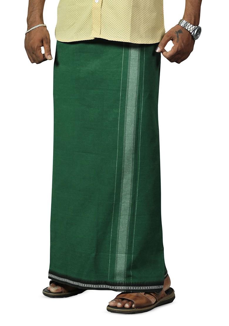 Olive Cotton Pack Of 2 Kerala Style Thalapathi Border Pure Cotton Dhotis For Men - Indya