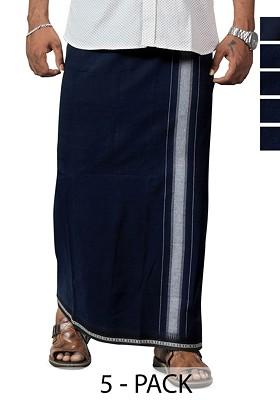 Navy Blue Cotton Selection Of 5 Kerala Style Thalapathi Border Cotton Dhotis For Men