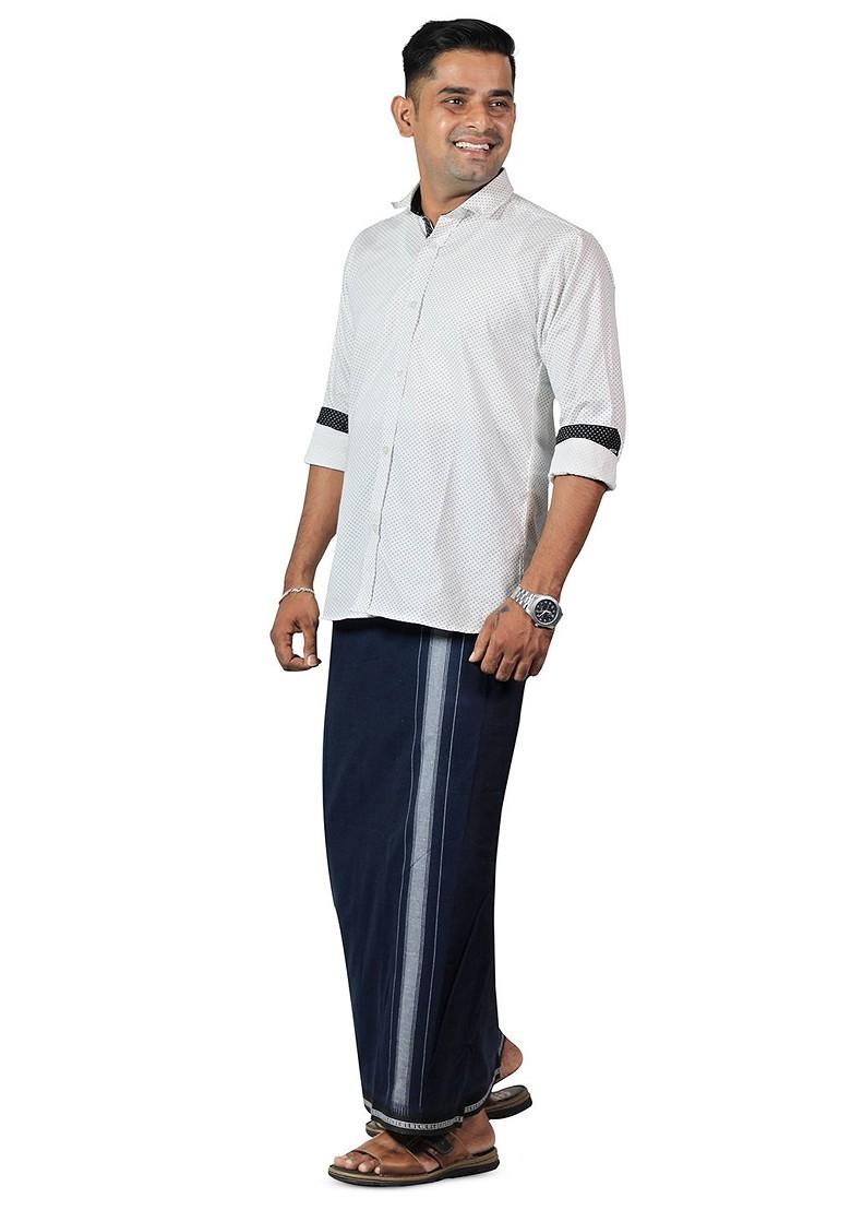 Navy Blue Cotton Selection Of 5 Kerala Style Thalapathi Border Cotton Dhotis For Men - Indya