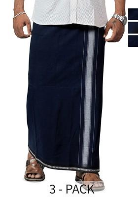 Navy Blue Cotton Selection Of 3 Pure Cotton Dhotis For Men