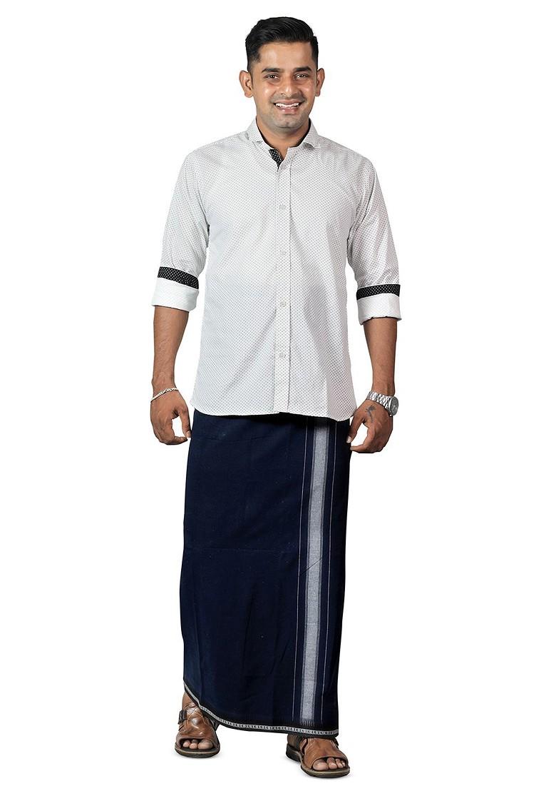 Navy Blue Cotton Selection Of 3 Pure Cotton Dhotis For Men - Indya