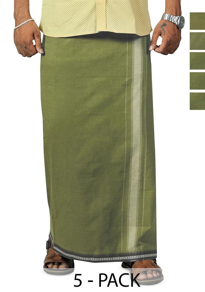Green Cotton Selection Of 5 Cotton Thalapathi Border Dhotis For Men