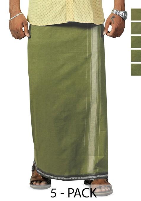 Green Cotton Selection Of 5 Cotton Thalapathi Border Dhotis For Men