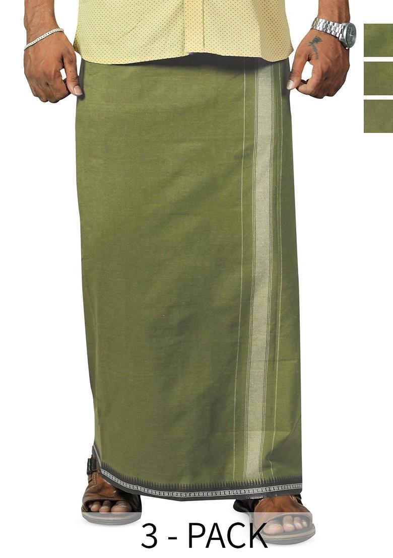 Green Cotton Selection Of 3 Pure Cotton Dhotis For Men