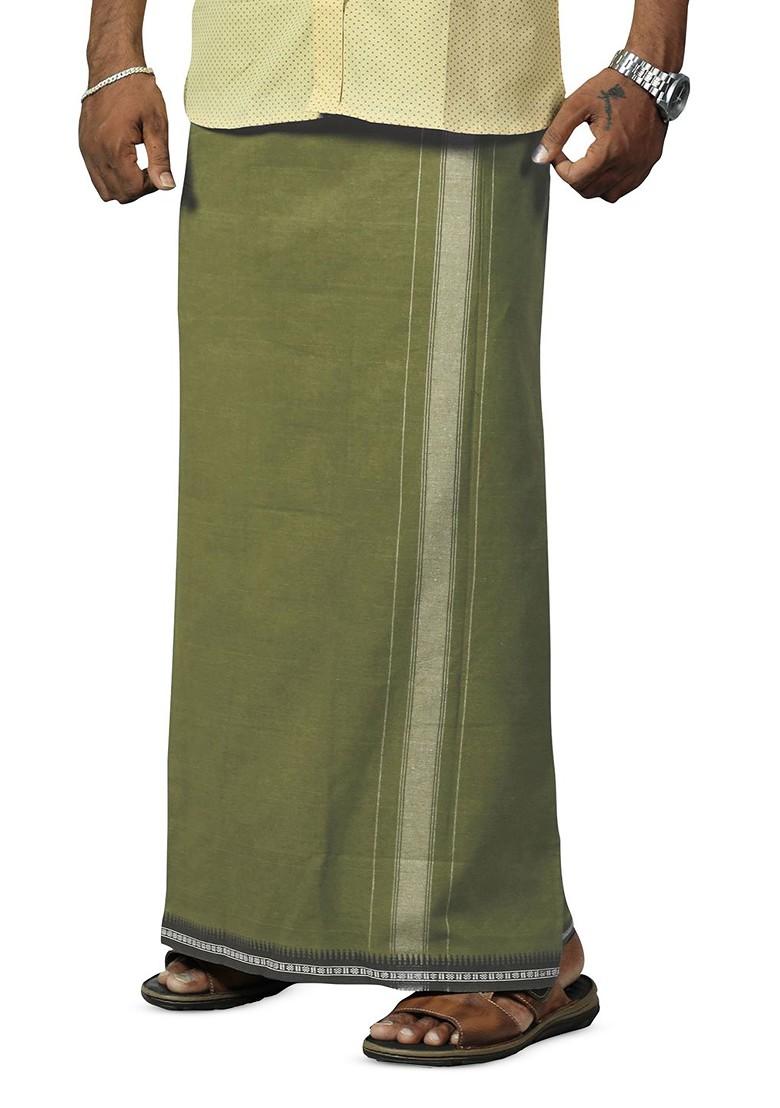 Green Cotton Selection Of 3 Pure Cotton Dhotis For Men - Indya