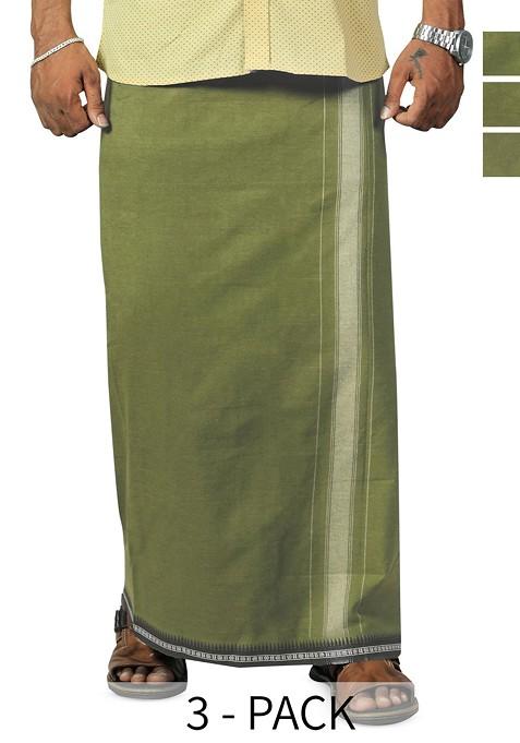 Green Cotton Selection Of 3 Pure Cotton Dhotis For Men