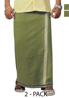 Green Cotton Pack Of 2 Kerala Style Thalapathi Border Cotton Dhotis For Men