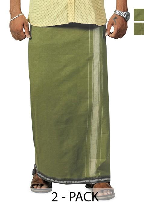 Green Cotton Pack Of 2 Kerala Style Thalapathi Border Cotton Dhotis For Men
