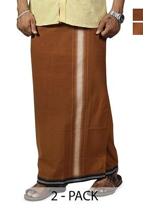 Brown Cotton Pack Of 2 Solid Cotton Dhotis For Men