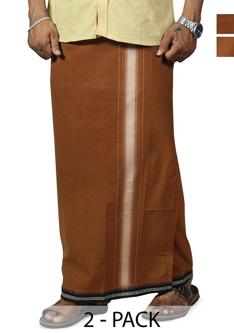 Brown Cotton Pack Of 2 Solid Cotton Dhotis For Men