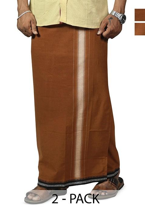 Brown Cotton Pack Of 2 Solid Cotton Dhotis For Men