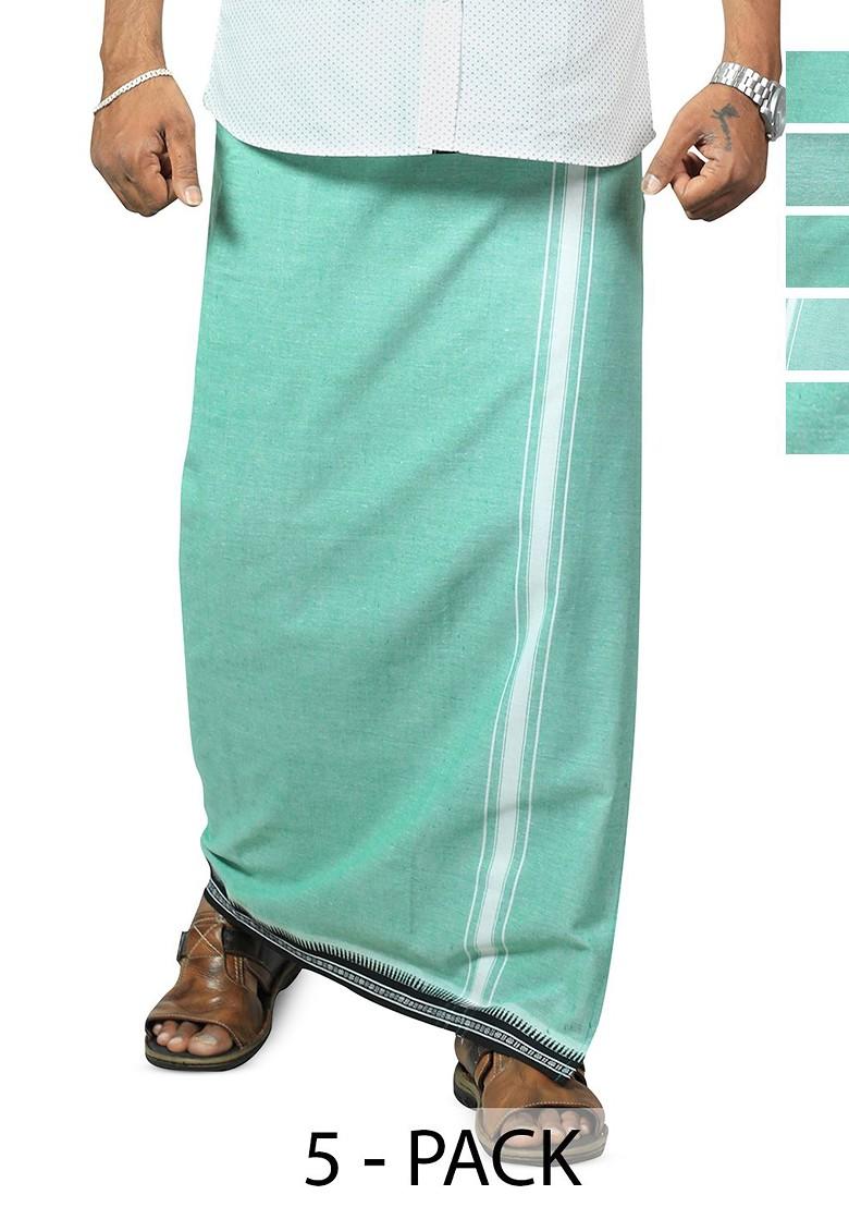 Green Cotton Selection Of 5 Cotton Thalapathi Border Dhotis For Men