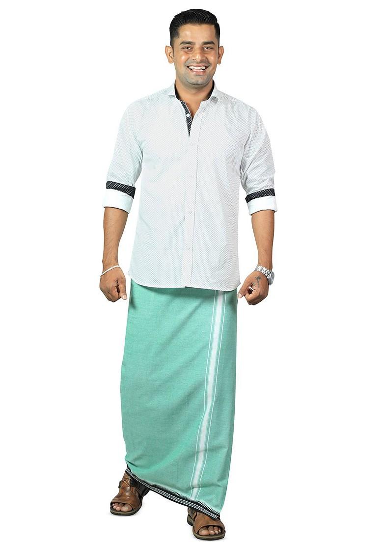 Green Cotton Selection Of 5 Cotton Thalapathi Border Dhotis For Men - Indya