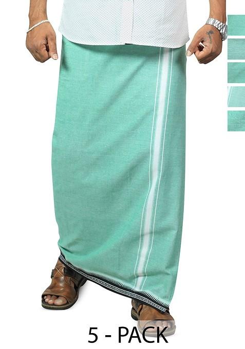 Green Cotton Selection Of 5 Cotton Thalapathi Border Dhotis For Men
