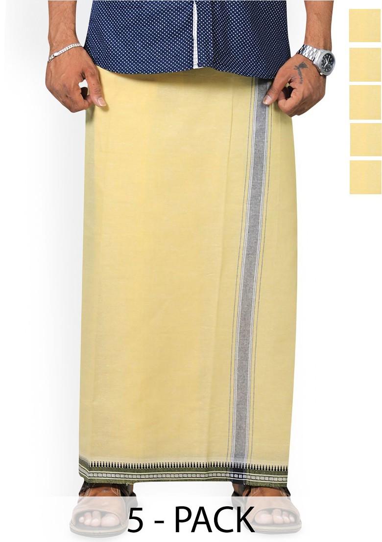 Yellow Cotton Selection Of 5 Kerala Style Thalapathi Pure Cotton Dhotis For Men
