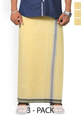 Yellow Cotton Selection Of 3 Kerala Style Thalapathi Pure Cotton Dhotis For Men
