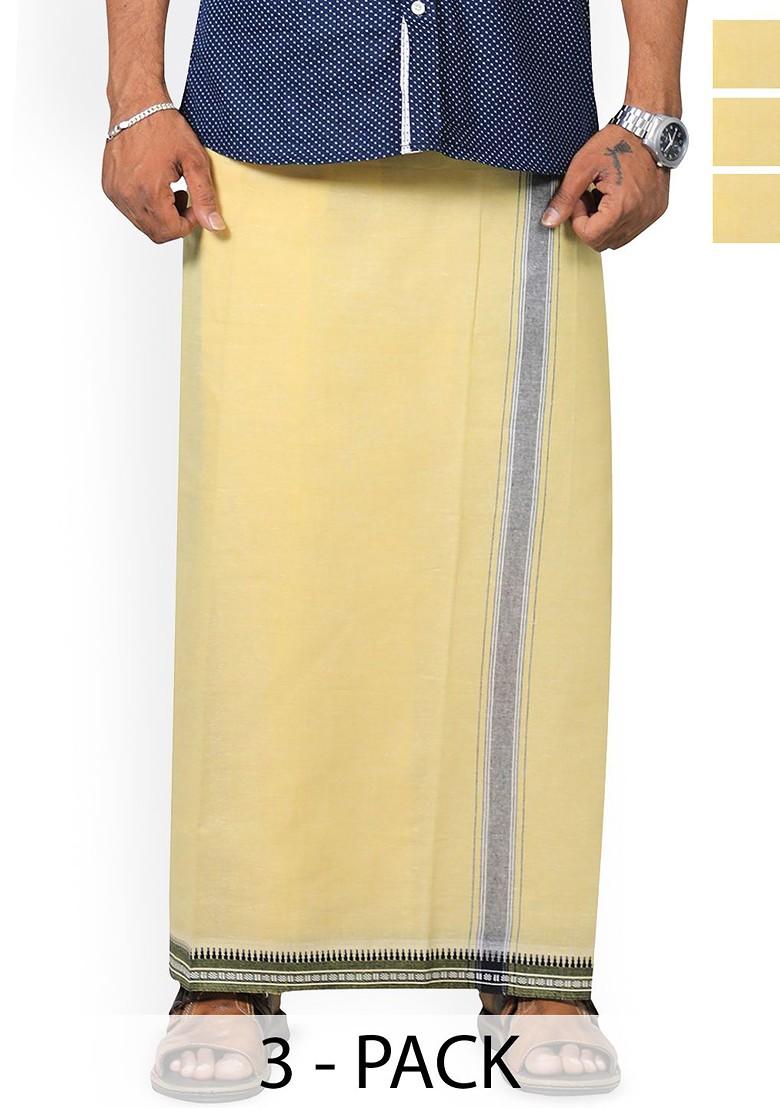 Yellow Cotton Selection Of 3 Kerala Style Thalapathi Pure Cotton Dhotis For Men