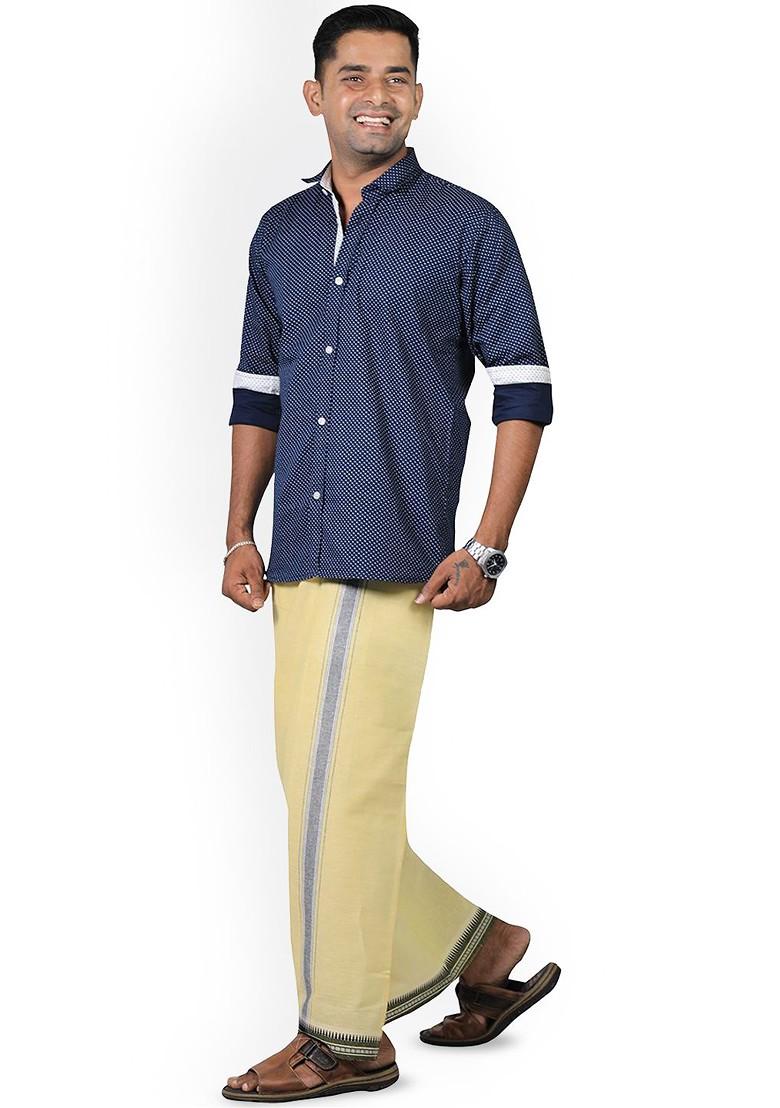 Yellow Cotton Selection Of 3 Kerala Style Thalapathi Pure Cotton Dhotis For Men